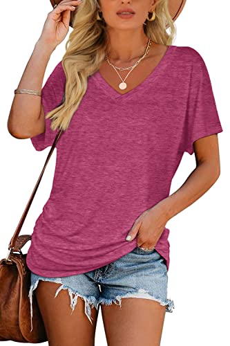 WIHOLL Womens Short Sleeve Shirts Tshirts V Neck Plus Size Tops Summer Outfits Oversized Tshirts Fuchsia XXL - Image 2