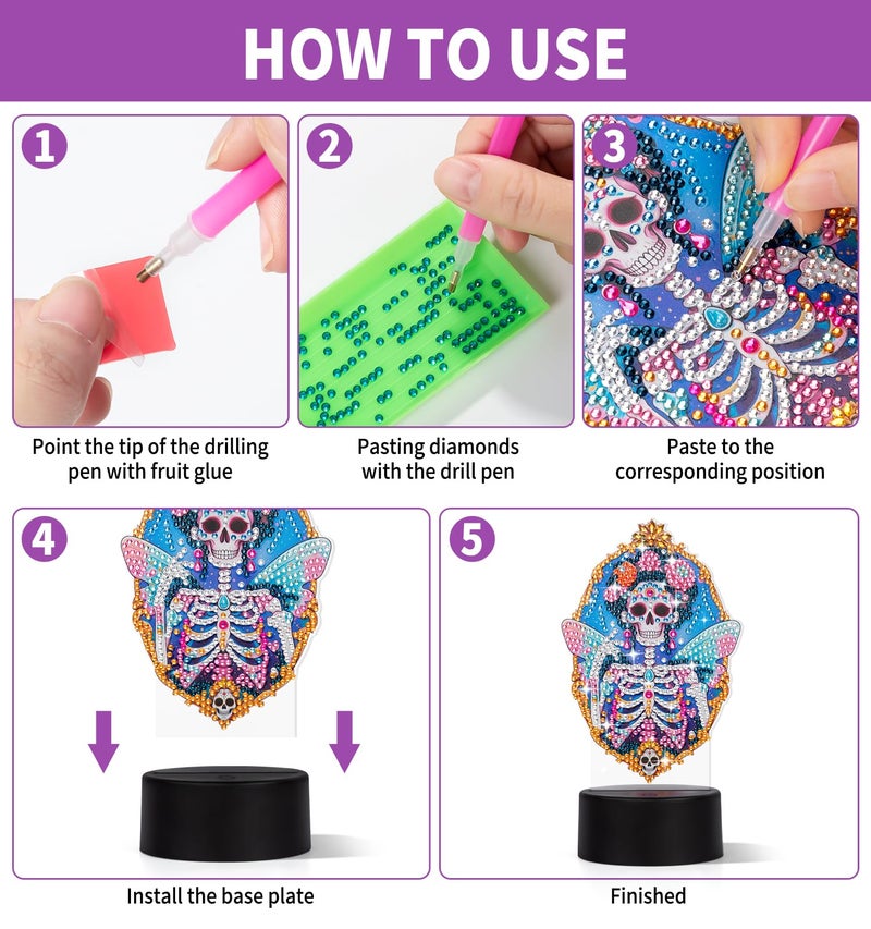 ALKALO Diamond Painting Night Light, Diamond Painting Kits for Adults Desktop Ornaments for Table Tabletop Decor Diamond Art Accessories for Adult Beginner Touch Lamp for Bedrooms Living Room-Skull - Image 5