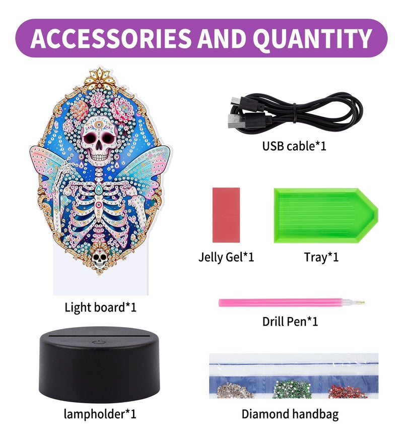 ALKALO Diamond Painting Night Light, Diamond Painting Kits for Adults Desktop Ornaments for Table Tabletop Decor Diamond Art Accessories for Adult Beginner Touch Lamp for Bedrooms Living Room-Skull - Image 3