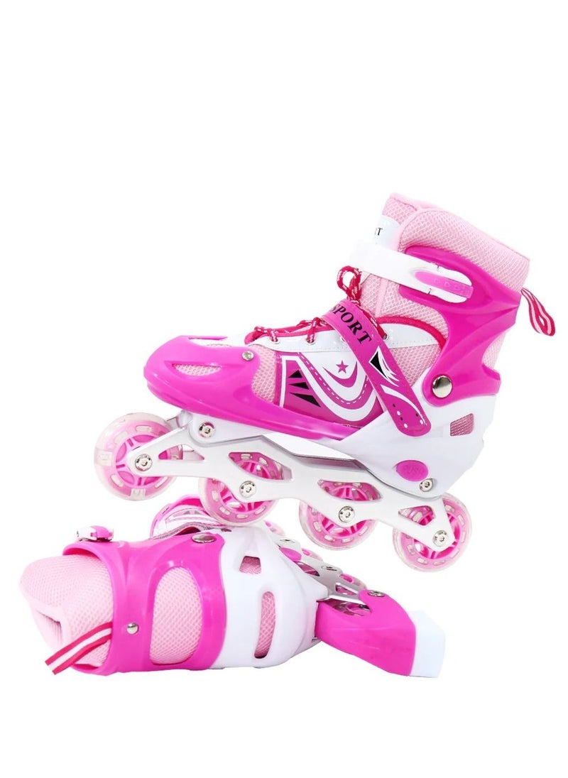 SPORT - Adjustable Roller Skate Shoes LED Light Single Row Wheels, Pink/White - Size Small 31-34 - Image 1