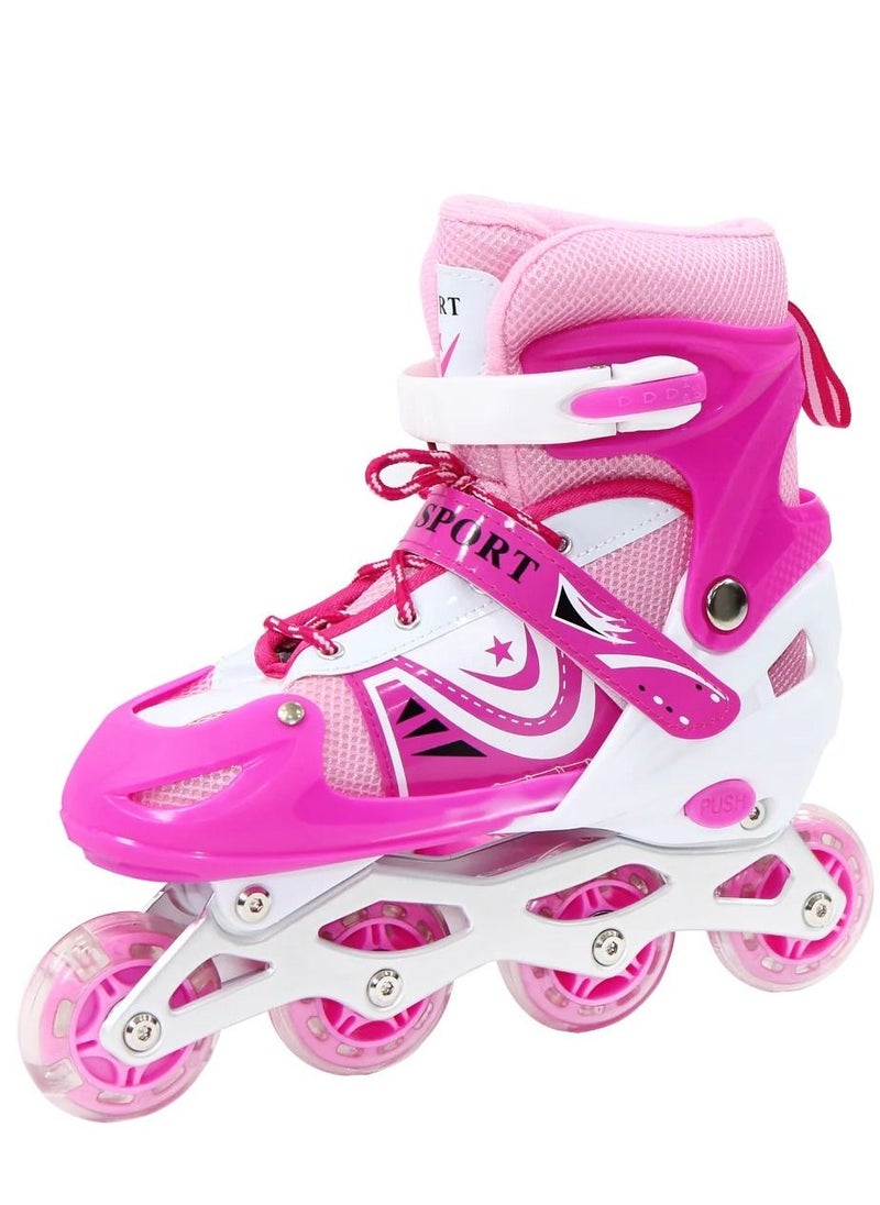 SPORT - Adjustable Roller Skate Shoes LED Light Single Row Wheels, Pink/White - Size Small 31-34 - Image 1