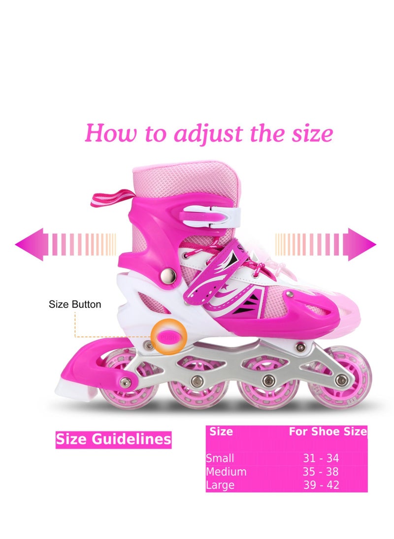 SPORT - Adjustable Roller Skate Shoes LED Light Single Row Wheels, Pink/White - Size Small 31-34 - Image 1
