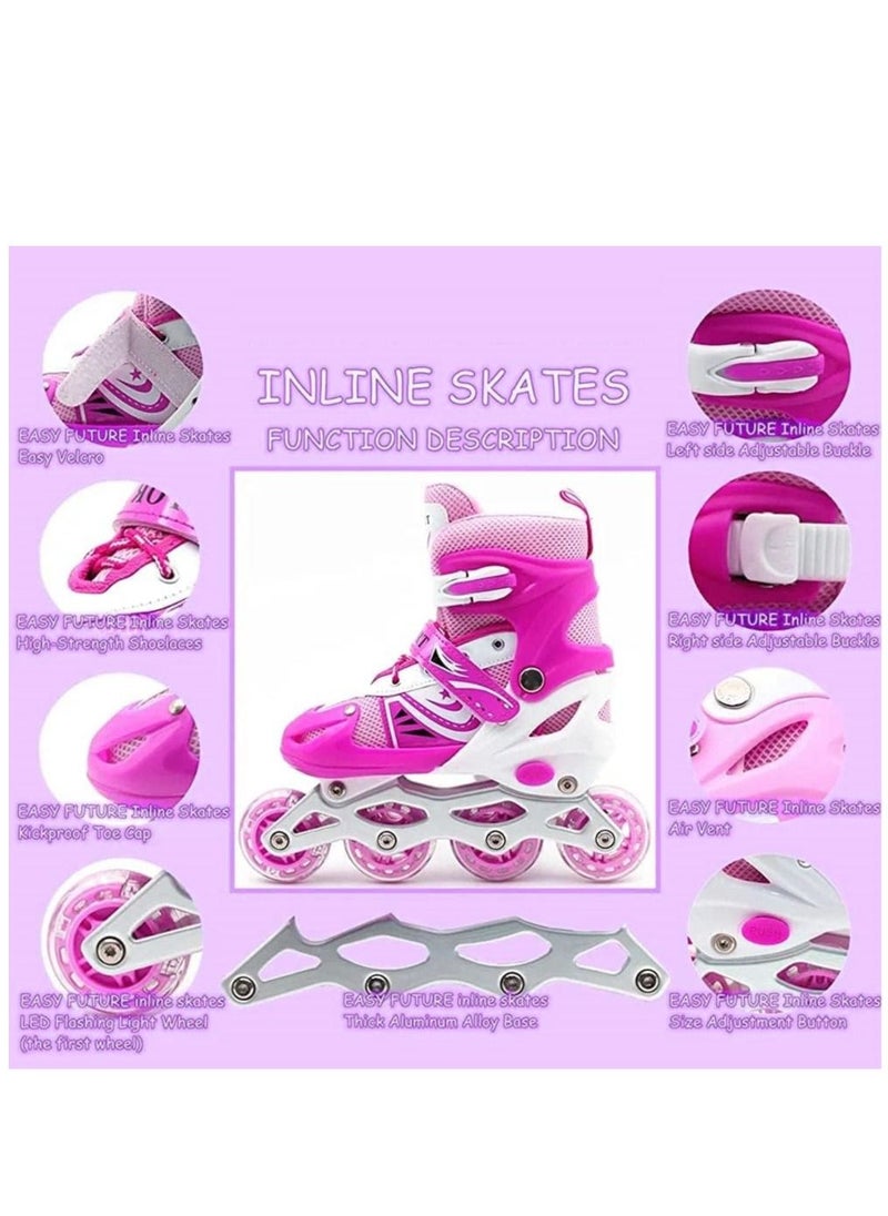 SPORT - Adjustable Roller Skate Shoes LED Light Single Row Wheels, Pink/White - Size Small 31-34 - Image 1