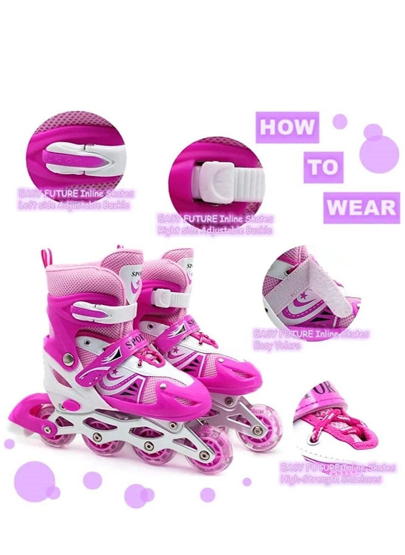 SPORT - Adjustable Roller Skate Shoes LED Light Single Row Wheels, Pink/White - Size Small 31-34 - Image 1
