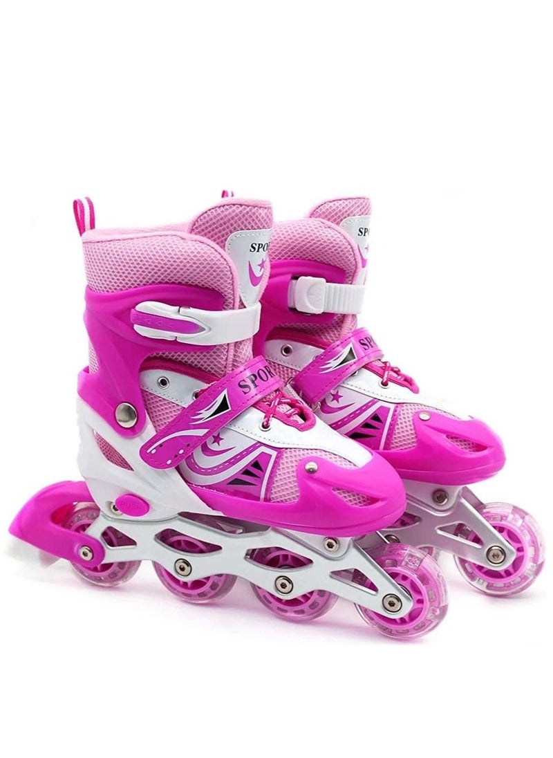 SPORT - Adjustable Roller Skate Shoes LED Light Single Row Wheels, Pink/White - Size Small 31-34 - Image 1