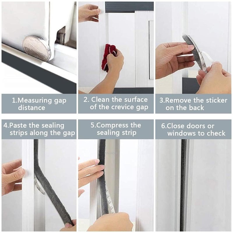 KISUASHI KISUASHI 10 Meters Soundproof Window Sealing Strips Windproof Dustproof Door Window Frame Seal Self Adhesive Brush Strip Sliding Window Seal Window Door Seal Sliding Door Seal Strip Grey  - Image 5