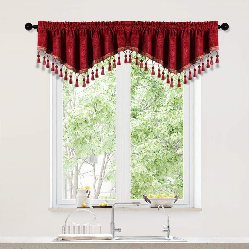 ELKCA DoubleSided Chenille Ascot Valance for Kitchen Window Curtains Valance for Living RoomRod Pocket Pack of 2Burgundy Red 52 W x 18 L