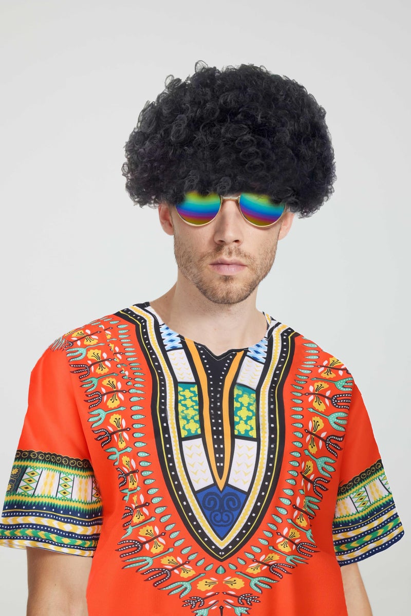 Gionforsy Hippie Costume Outfit for Men Women 60s 70s Costume Accessories T-shirt Wig Pease Necklace for Halloween Costume (Orange, Large) - Image 2