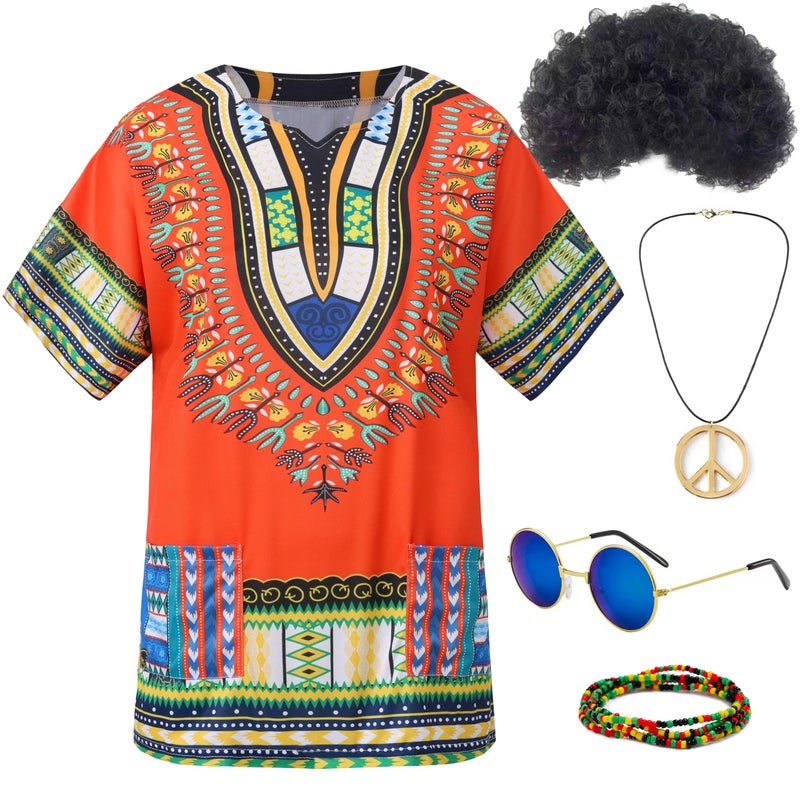 Gionforsy Hippie Costume Outfit for Men Women 60s 70s Costume Accessories T-shirt Wig Pease Necklace for Halloween Costume (Orange, Large) - Image 1