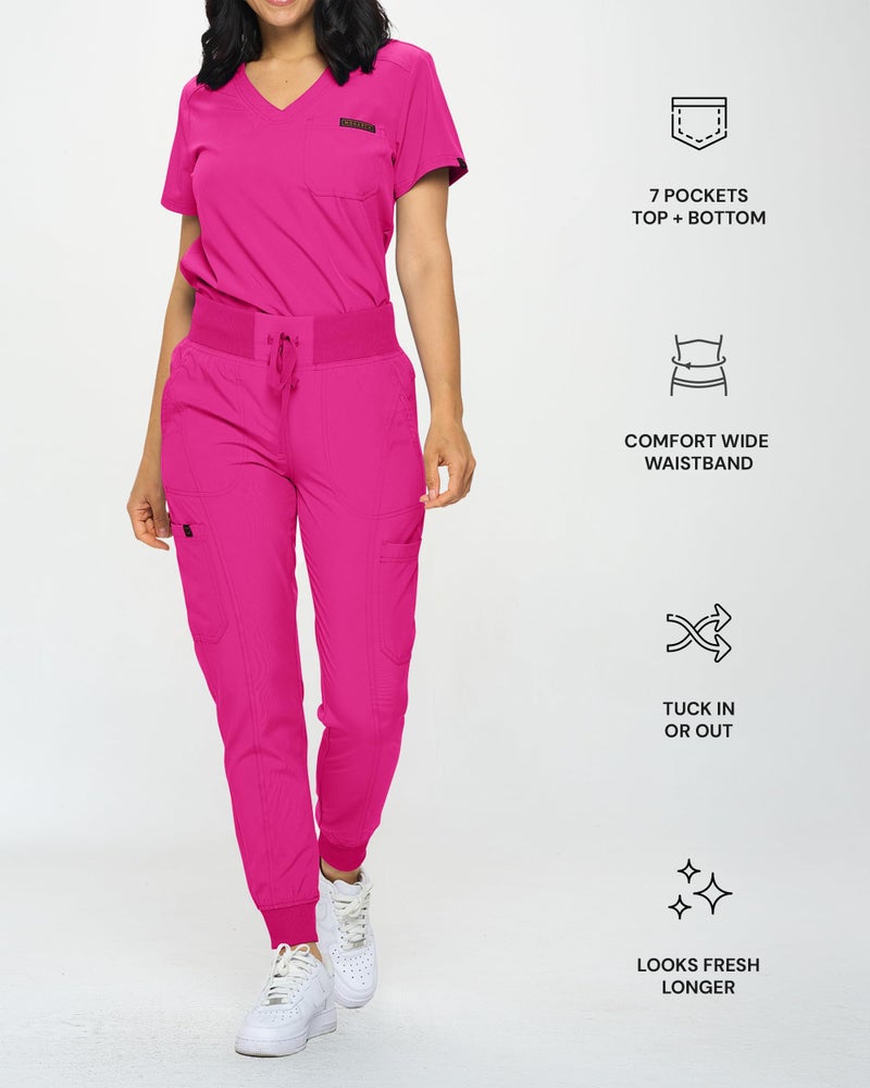 MONARCH UNIFORMS زي مونيك للأطباء بنمط ضيق وقابل للتمدد مجموعة سراويل جوجر للنساء مع قميص مدسوس للنساء (وردي ساخن-3X) - Image 3