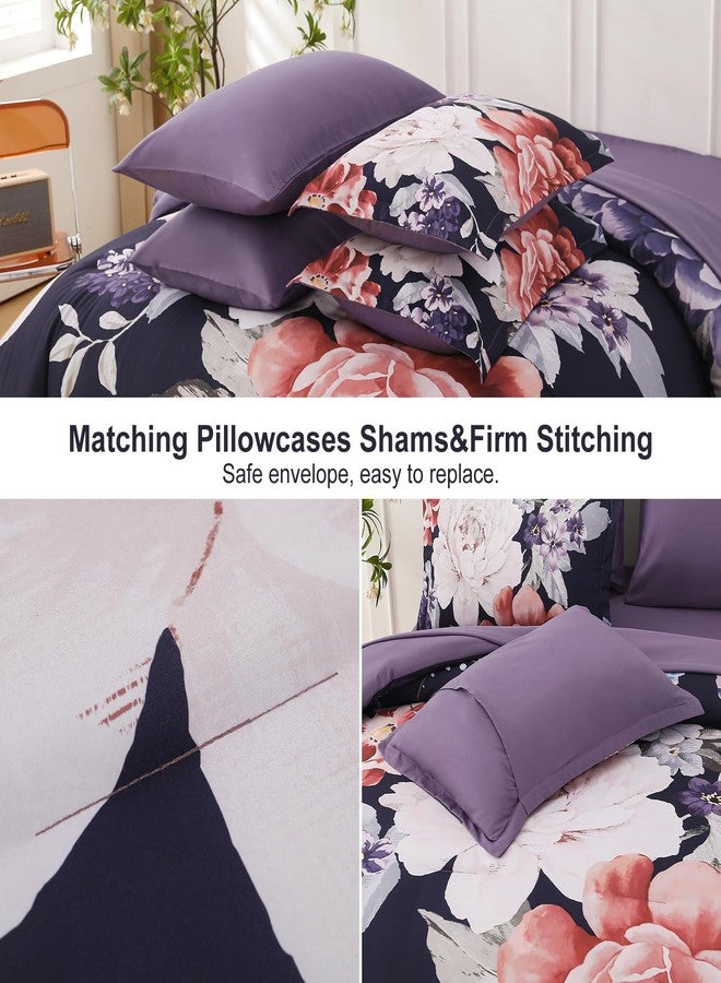 Dintszyayue Floral Comforter Set Queen Size 7 Pieces Dark Purple Bed in a Bag, Elegant Flower Bedding Sets Soft Comforter Set for All Season with Flat Sheet, Fitted Sheets, Pillowcases & Shams - Image 5