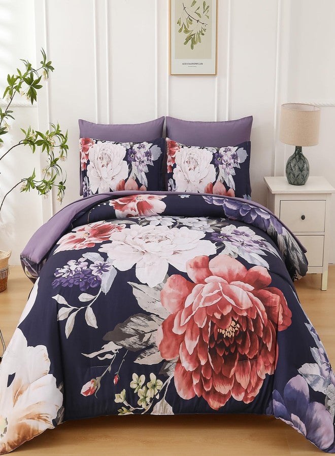 Dintszyayue Floral Comforter Set Queen Size 7 Pieces Dark Purple Bed in a Bag, Elegant Flower Bedding Sets Soft Comforter Set for All Season with Flat Sheet, Fitted Sheets, Pillowcases & Shams - Image 1