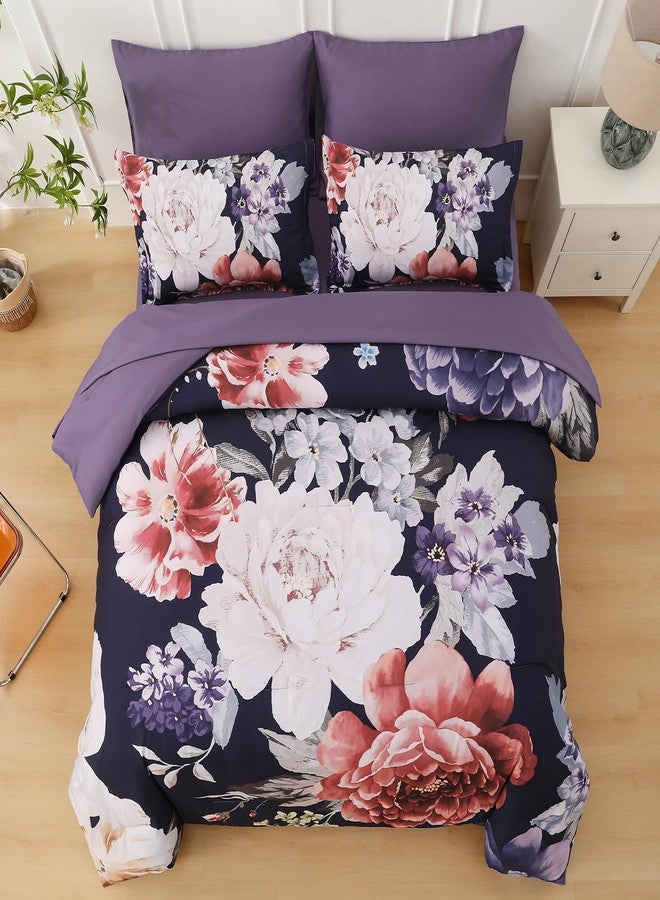 Dintszyayue Floral Comforter Set Queen Size 7 Pieces Dark Purple Bed in a Bag, Elegant Flower Bedding Sets Soft Comforter Set for All Season with Flat Sheet, Fitted Sheets, Pillowcases & Shams - Image 2