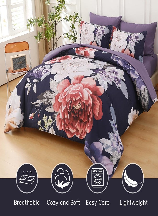 Dintszyayue Floral Comforter Set Queen Size 7 Pieces Dark Purple Bed in a Bag, Elegant Flower Bedding Sets Soft Comforter Set for All Season with Flat Sheet, Fitted Sheets, Pillowcases & Shams - Image 3