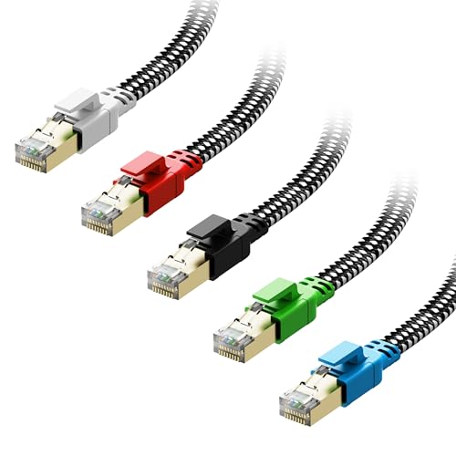 Orbram Cat 8 Ethernet Cable 1.5 ft 5 Pack Multi Color, Nylon Braided High Speed Heavy Duty Network LAN Patch Cord, 40Gbps 2000Mhz RJ45 Flat Internet Cable Shielded in Wall, Indoor&Outdoor for Modem/Router/PC - Image 1
