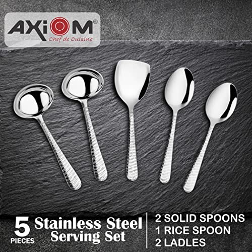 AXIOM Serving Spoons Stainless Steel 5 Piece Heavy Gauge Non-Stick Set of 2 Soup Ladle (Karchi), 2 Solid Spoon (Chamcha) and 1 Rice Spoon for Serving Soup/Curry/dal/Rice/Pasta - Image 2