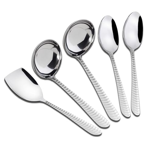AXIOM Serving Spoons Stainless Steel 5 Piece Heavy Gauge Non-Stick Set of 2 Soup Ladle (Karchi), 2 Solid Spoon (Chamcha) and 1 Rice Spoon for Serving Soup/Curry/dal/Rice/Pasta - Image 1