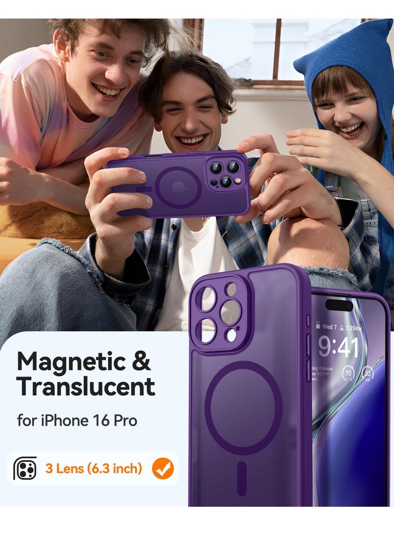جراب مغناطيسي متوافق مع iPhone 16 Pro، مطور [حماية كاملة للكاميرا] [متوافق مع Magsafe] [شفاف غير لامع] جراب واقٍ مقاوم للصدمات للهاتف مقاس 6.3 بوصة - أرجواني غامق