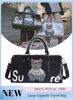 roaiss Large-Capacity Cool Sequined Stitching Handbag Adjustable And Removable Shoulder Strap Fitness Shoulder Bag Pu Leather Stitching Duffel Bag  - Image 1