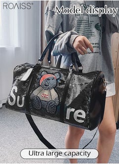 roaiss Large-Capacity Cool Sequined Stitching Handbag Adjustable And Removable Shoulder Strap Fitness Shoulder Bag Pu Leather Stitching Duffel Bag  - Image 5