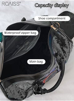 roaiss Large-Capacity Cool Sequined Stitching Handbag Adjustable And Removable Shoulder Strap Fitness Shoulder Bag Pu Leather Stitching Duffel Bag  - Image 2