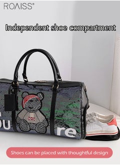 roaiss Large-Capacity Cool Sequined Stitching Handbag Adjustable And Removable Shoulder Strap Fitness Shoulder Bag Pu Leather Stitching Duffel Bag  - Image 4