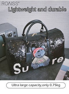 roaiss Large-Capacity Cool Sequined Stitching Handbag Adjustable And Removable Shoulder Strap Fitness Shoulder Bag Pu Leather Stitching Duffel Bag  - Image 3