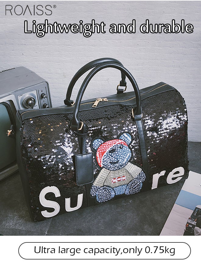 roaiss Large-Capacity Cool Sequined Stitching Handbag Adjustable And Removable Shoulder Strap Fitness Shoulder Bag Pu Leather Stitching Duffel Bag  - Image 3