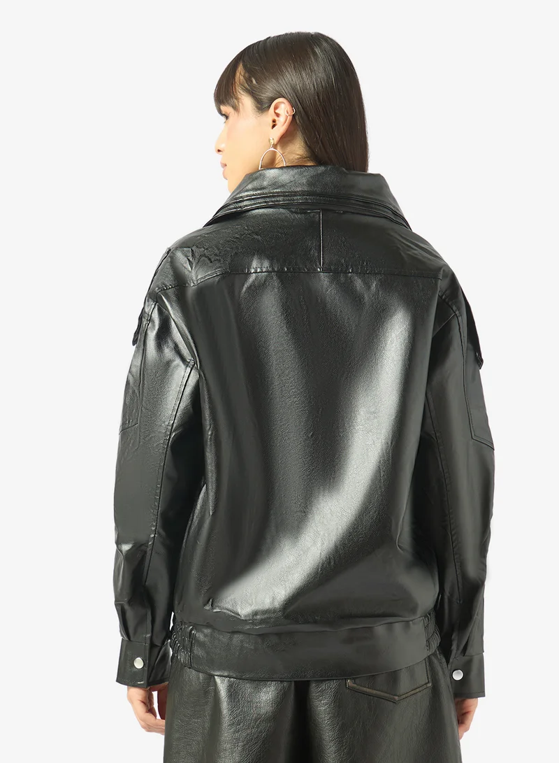 Ginger  Funnel Neck Oversize PU Leather Biker Jacket for Women | Best Price UAE