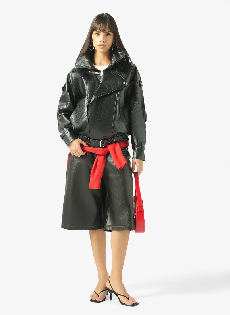 Ginger  Funnel Neck Oversize PU Leather Biker Jacket for Women | Best Price UAE