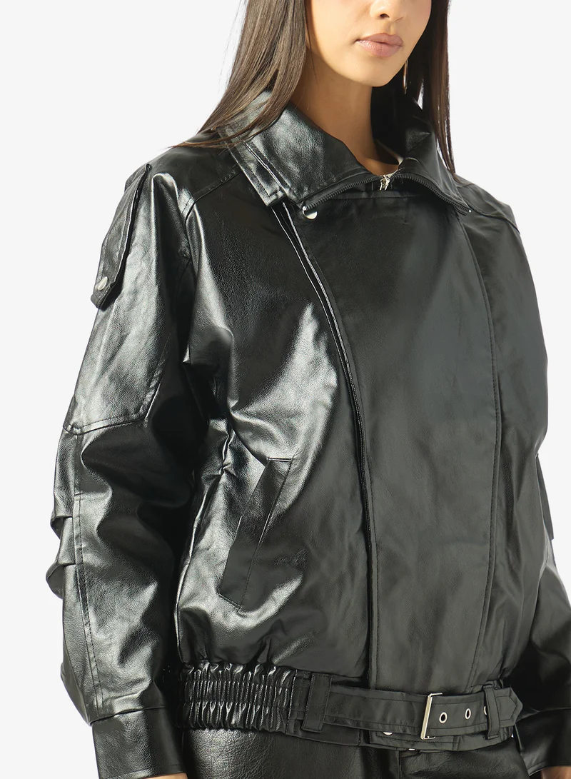 Ginger  Funnel Neck Oversize PU Leather Biker Jacket for Women | Best Price UAE