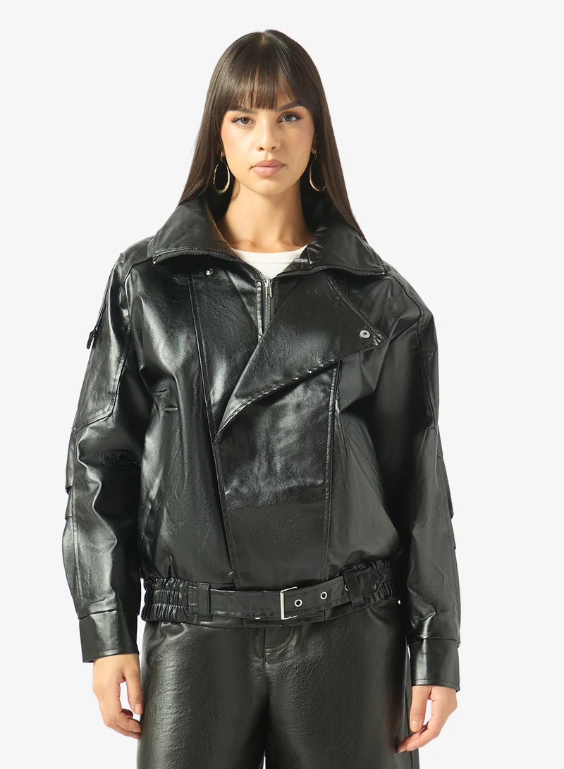 Funnel Neck Oversize PU Leather Biker Jacket