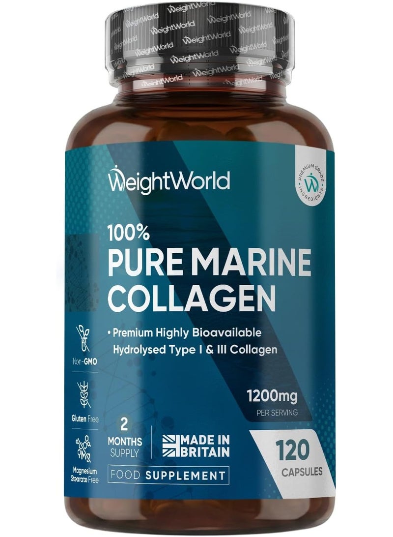 WeightWorld مكملات الكولاجين البحري النقي للنساء والرجال - 120 كبسولة - 1200 ملغ لكل حصة - إمداد لمدة شهرين - ببتيدات كولاجين السمك المهدرج من النوع 1 و 3 عالية التوافر البيولوجي - Image 1