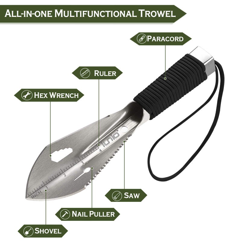 iunio Hiking Trowel, Camping, Backpacking, Portable Shovel, Multitool, Ultralight Camp Tool, with Carrying Pouch, for Gardening, Outdoor, Survival (Silver) - Image 2