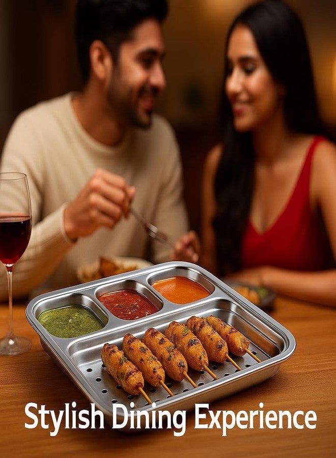 Alark صينية تقديم مقسمة من الفولاذ المقاوم للصدأ من ألارك، مزودة بأربعة أقسام، مثالية لتقديم وجبات الطعام الخفيفة (بوجان ثالي) للأطفال، ولحفلات التخييم، وللاستخدام اليومي، ولتقديم المقبلات والوجبات الخفيفة في الحفلات. - Image 2