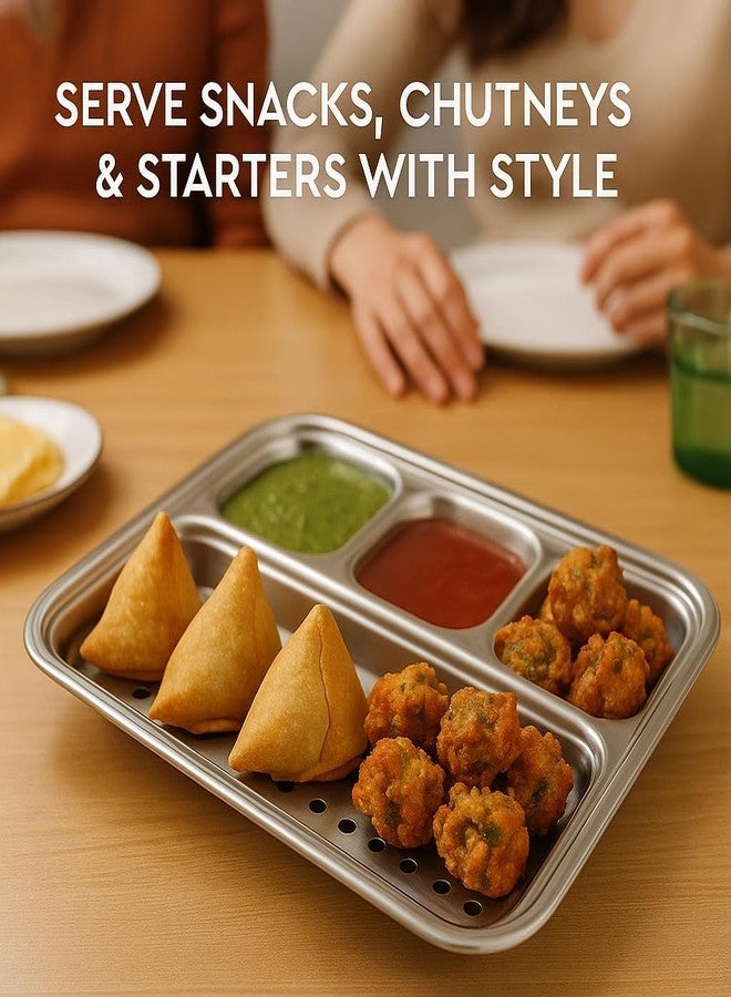 Alark صينية تقديم مقسمة من الفولاذ المقاوم للصدأ من ألارك، مزودة بأربعة أقسام، مثالية لتقديم وجبات الطعام الخفيفة (بوجان ثالي) للأطفال، ولحفلات التخييم، وللاستخدام اليومي، ولتقديم المقبلات والوجبات الخفيفة في الحفلات. - Image 4