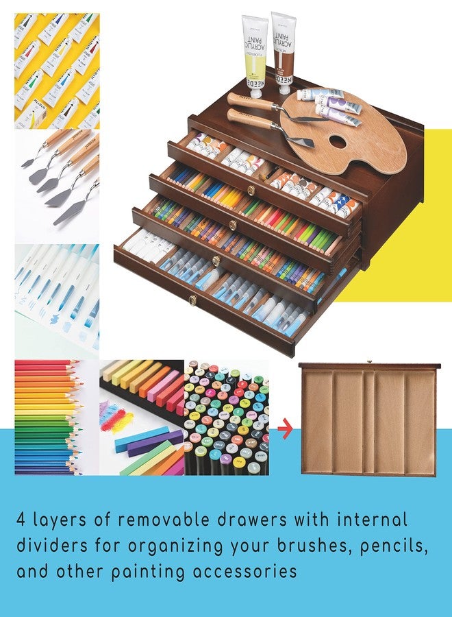 MEEDEN 4-Drawer Art Supply Storage Box - Large Capacity Multi-Function Beech-Wood Pencil Box with Drawer & Compartments for Organizing Pastels, Pencils, Pens, Markers, Brushes & Stamp, Walnut - Image 4