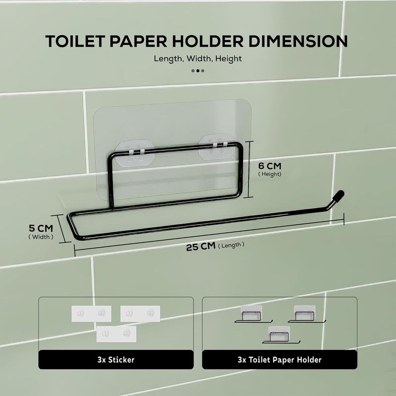 MIORAH Self Adhesive Towel Holder in Bathroom | Toilet Paper Roll Holder | Tissue Roll Hanger for Kitchen, Black (Pack of 3) - Image 2