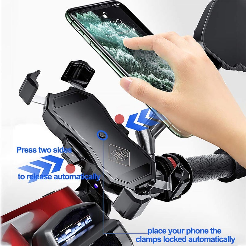 iMESTOU Motorcycle Wireless 15W Qi/USB Quick Charger 3.0 Phone Holder 2 in 1 Mount on 22-32mm Handlebar or Rear-View Mirror Fast Charging for 3.5-6.8 inch Cellphones - Image 2