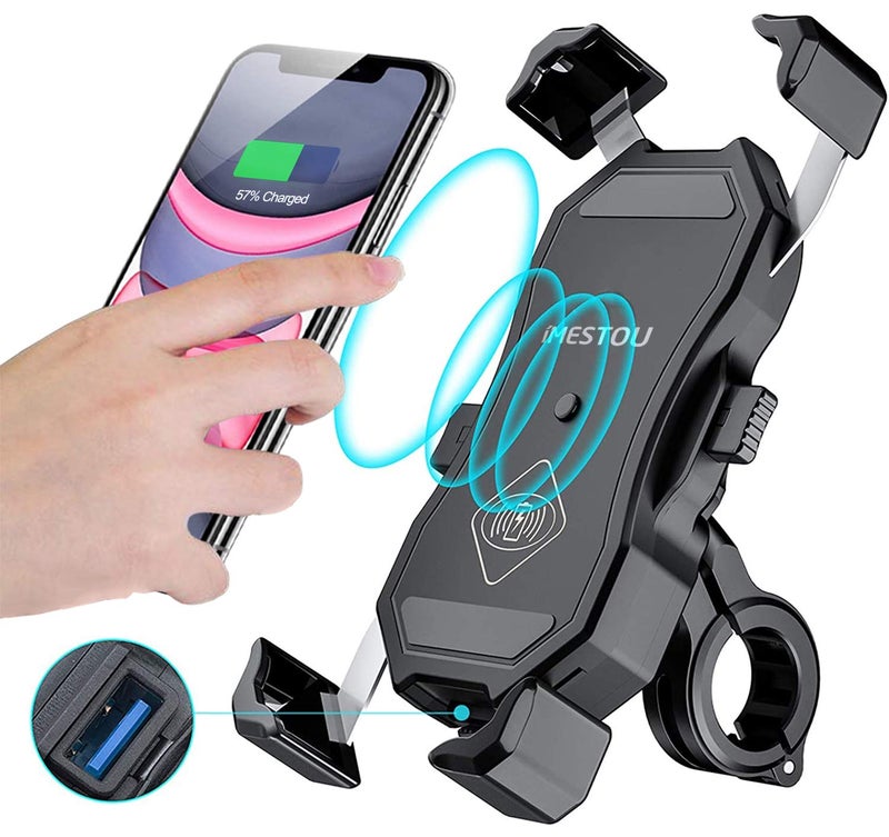 iMESTOU Motorcycle Wireless 15W Qi/USB Quick Charger 3.0 Phone Holder 2 in 1 Mount on 22-32mm Handlebar or Rear-View Mirror Fast Charging for 3.5-6.8 inch Cellphones - Image 1