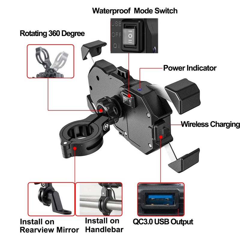 iMESTOU Motorcycle Wireless 15W Qi/USB Quick Charger 3.0 Phone Holder 2 in 1 Mount on 22-32mm Handlebar or Rear-View Mirror Fast Charging for 3.5-6.8 inch Cellphones - Image 4