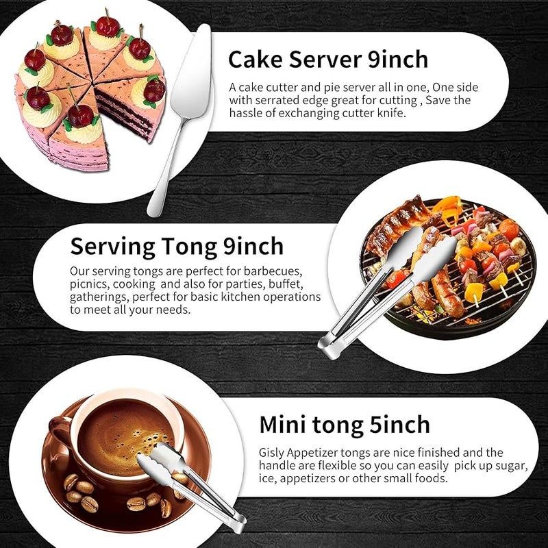 Gisly 12 Pieces Serving Utensils Include Large Serving Spoons,Slotted Serving Spoons,Serving Forks,Serving Tongs,Appetizers Tongs,Soup Ladle and Pie Cake Server for Buffet Catering,Dishwasher Safe - Image 5