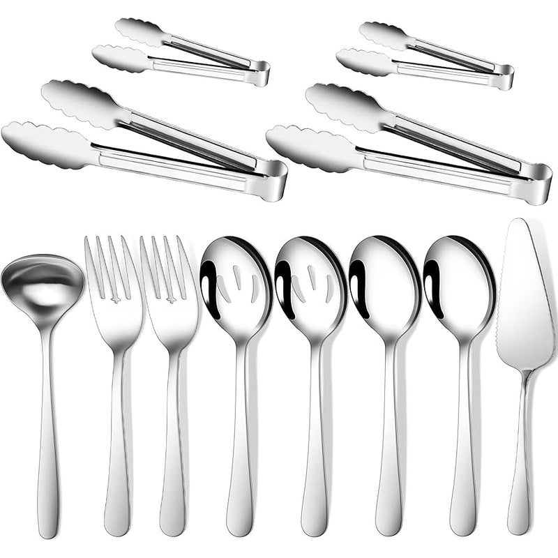 Gisly 12 Pieces Serving Utensils Include Large Serving Spoons,Slotted Serving Spoons,Serving Forks,Serving Tongs,Appetizers Tongs,Soup Ladle and Pie Cake Server for Buffet Catering,Dishwasher Safe - Image 1