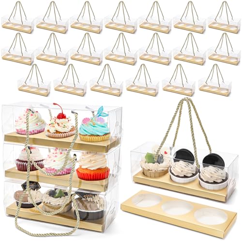 Coloch 24 Pack Clear Cupcake Box with Handle, 9 x 3 x 3 In 3 Count Plastic Cupcake Container Baked Dessert Box, for Cupcake, Dessert, Muffins, Party, Wedding - Image 1