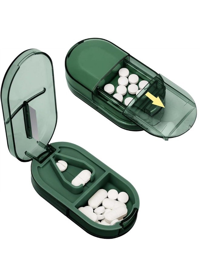 Pill Cutter, Portable Pill Splitter 2-in-1 Pill Case with Stainless Steel Blade, for Small or Large Vitamins Tablets, Cut Pills in 1/2, 1/4 with Mini Pill Organizer Compartment – Transparent Green  - Image 1