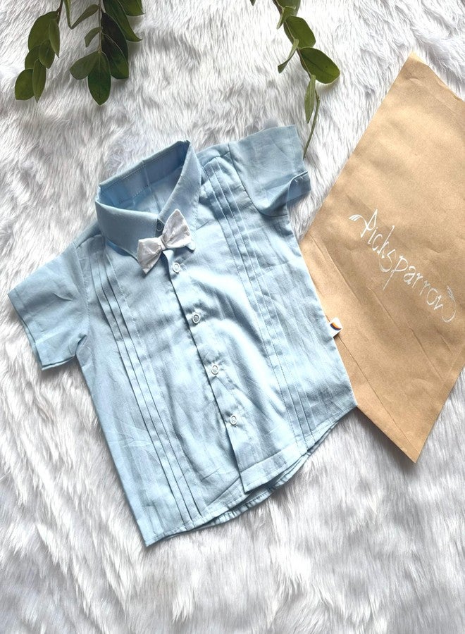 Picksparrow Baby Boy Pure Cotton Shirt-Shorts-Booties (Christening/Baptism Set) (Blue, 0-3 Months) - Image 3