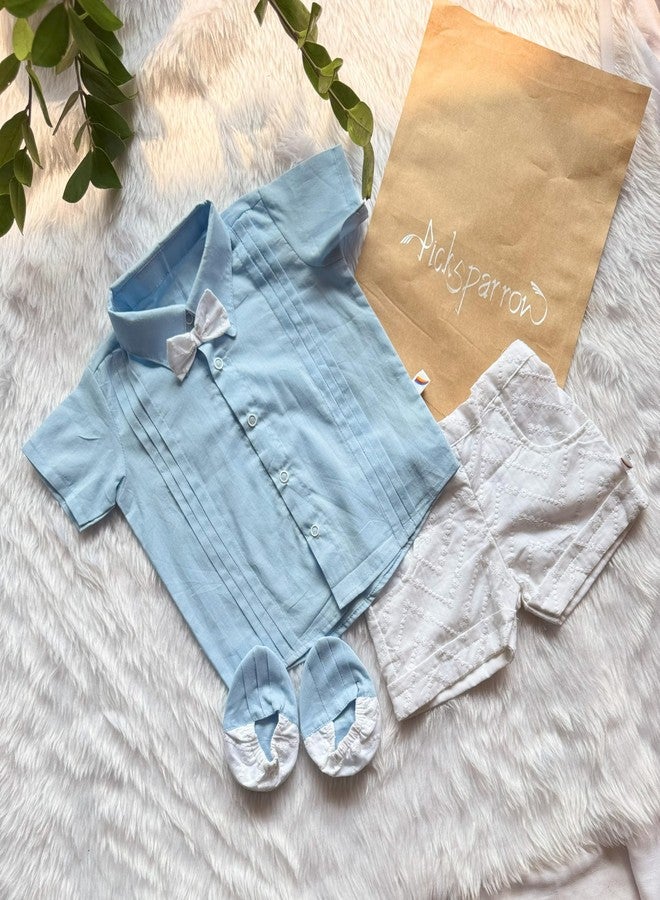 Picksparrow Baby Boy Pure Cotton Shirt-Shorts-Booties (Christening/Baptism Set) (Blue, 0-3 Months) - Image 2