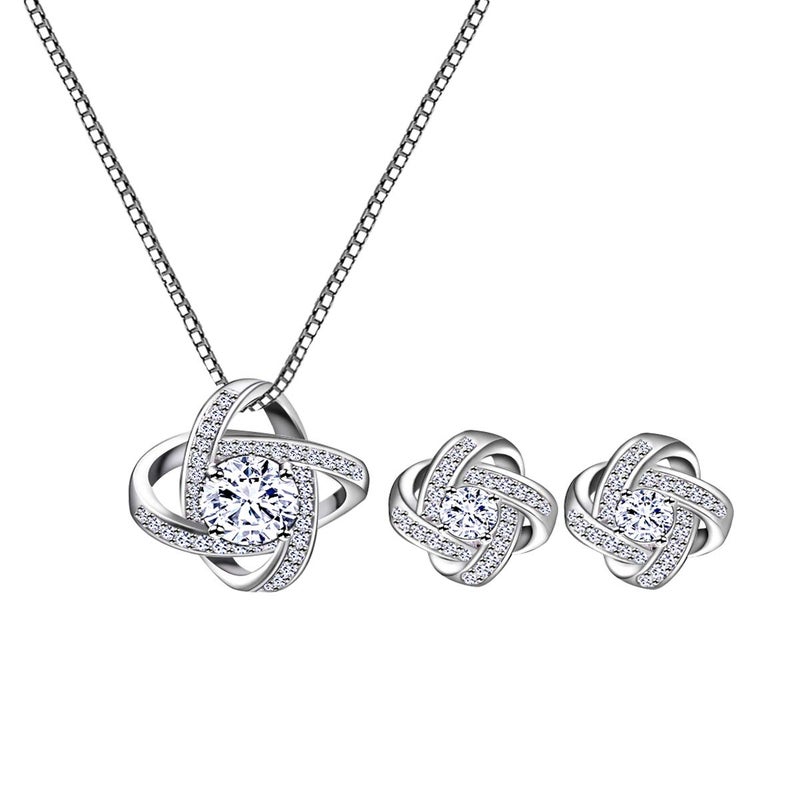 AMYJANE Bridal Jewelry Set for Women - Silver Crystal Cubic Zirconia Love Knot Necklace Stud Earrings Elegant CZ Jewelry Set for Wedding Bride Bridesmaids Valentine's Day Jewelry Set - Image 1