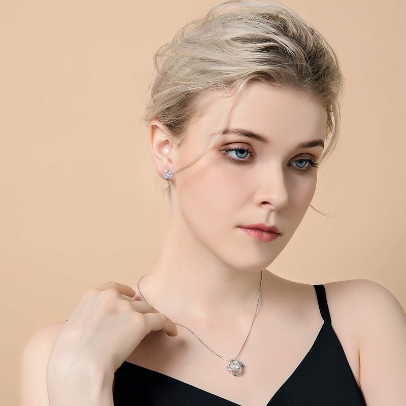 AMYJANE Bridal Jewelry Set for Women - Silver Crystal Cubic Zirconia Love Knot Necklace Stud Earrings Elegant CZ Jewelry Set for Wedding Bride Bridesmaids Valentine's Day Jewelry Set - Image 3