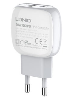 إل دينو LDNIO A2313C شاحن الهاتف المحمول بقابس الاتحاد الأوروبي مع كابل Lightning ومنفذ USB من النوع C 20 وات - أبيض  - Image 2